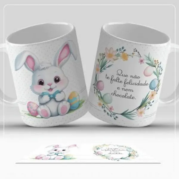 Caneca de Páscoa com coelhinho e flores
