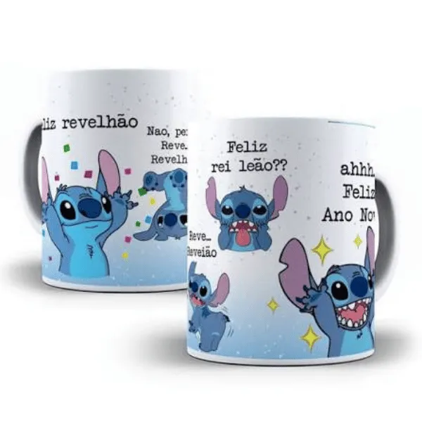 Caneca de Ano Novo com personagem azul divertido