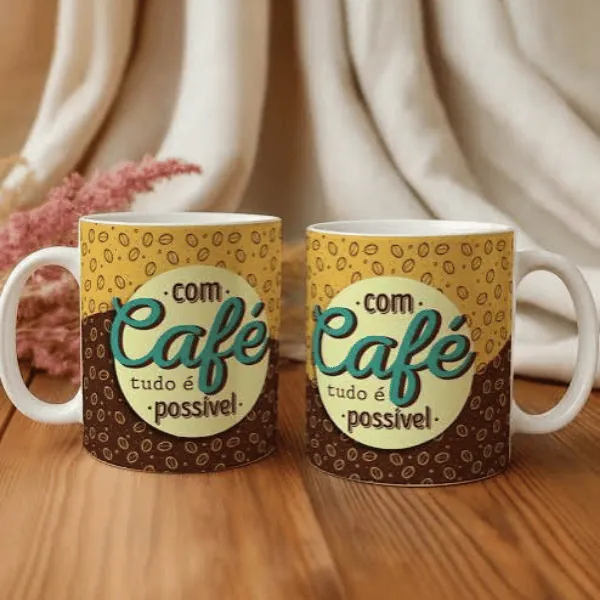 Caneca de café com frase Com café tudo é possível