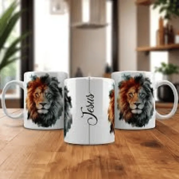Caneca cristã com leão e a palavra Jesus